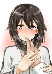 10s 1boy 1girl black_hair blush breasts finger_in_another&#039;s_mouth finger_sucking grey_eyes hair_between_eyes hayasui_(kancolle) highres jacket kamelie kantai_collection long_sleeves looking_at_viewer pov saliva short_hair tears track_jacket zipper rating:Sensitive score:9 user:danbooru