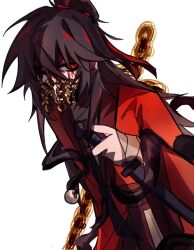  1boy 3305114589 bandaged_arm bandages black_hair blood blood_on_face brown_hair chinese_clothes chinese_commentary coat coin coin_mask coin_sword covered_mouth creature dao_gui_yi_xian eyeball gold_coin hair_between_eyes hair_bun hair_ribbon hanfu highres holding holding_sword holding_weapon li_huowang li_sui_(tentacles) long_hair long_sleeves looking_at_viewer male_focus mask mouth_veil red_coat red_eyes red_hanfu red_ribbon ribbon robe sheath sheathed simple_background single_hair_bun solo sword sword_on_back tentacles veil weapon weapon_on_back white_background wide_sleeves 