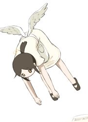  1girl apron black_shoes brown_eyes brown_hair character_request commentary_request dress fake_wings feathered_wings flying long_hair low_ponytail ponytail shimeji_simulation shirosato shoes short_sleeves simple_background solo white_apron white_background white_dress white_wings wings 