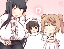  2girls :3 ? aged_down ahoge artist_logo black_hair black_skirt brown_hair collared_shirt commentary_request dated double_bun dress dress_shirt frilled_shirt frills fusou_(kancolle) hair_bun headgear kanon_(kurogane_knights) kantai_collection logo long_hair michishio_(kancolle) multiple_girls red_eyes shigure_(kancolle) shirt skirt spoken_character sundress twintails white_dress white_shirt 