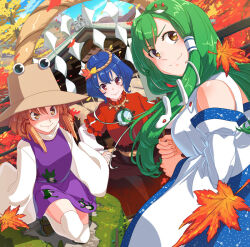  3boys 3girls autumn autumn_leaves blonde_hair blue_hair breasts brown_hat detached_sleeves dutch_angle green_hair hat kochiya_sanae leaf long_hair looking_at_another looking_back looking_to_the_side maple_leaf moriya_suwako mountain_of_faith multiple_boys multiple_girls nontraditional_miko purple_skirt purple_vest red_eyes red_shirt shirt skirt smile takuzui touhou vest wide_sleeves yasaka_kanako 