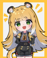 1girl animal_ear_fluff animal_ears blonde_hair blush green_eyes high-waist_shorts highres jacket ju_fufu long_hair looking_at_viewer open_mouth orange_fur shorts simple_background smile solo striped_fur tail tiger_ears tiger_girl tiger_tail white_background yume_tiem zenless_zone_zero 