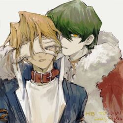  2boys blonde_hair collar covering_another&#039;s_eyes dated fur_trim green_hair highres jacket jonouchi_katsuya kaiba_seto looking_at_viewer male_focus multiple_boys no_pupils open_mouth orange_hair short_hair suzuri513 sweatdrop yaoi yu-gi-oh! yu-gi-oh!_(toei) 