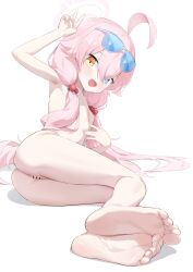  1girl :d absurdres ahoge anus arm_up armpits ass bar_censor barefoot bei_liou blue-tinted_eyewear blue_archive blue_eyes blush breasts censored cleft_of_venus commentary completely_nude eyewear_on_head feet female_focus foreshortening full_body hair_between_eyes hair_bobbles hair_ornament halo heterochromia highres hoshino_(blue_archive) hoshino_(swimsuit)_(blue_archive) legs loli long_hair looking_at_viewer low_twintails lying nipples nude official_alternate_costume on_side open_mouth pink_hair pink_halo pussy revision simple_background small_breasts smile soles solo sunglasses teeth tinted_eyewear toe_scrunch toenails toes twintails upper_teeth_only v white-framed_eyewear white_background yellow_eyes  rating:Explicit score:175 user:danbooru