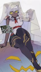  1girl animal_ears commentary_request dark-skinned_female dark_skin full_body grey_background grey_hair halloween highres horizontal_pupils horns jack-o&#039;-lantern looking_at_viewer original pantyhose sheep_ears sheep_girl sheep_horns shirt shorts simple_background sitting sleeveless sleeveless_shirt solo taiga_(klm1511) yellow_eyes 