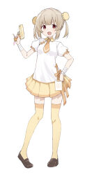  1girl bandaged_arm bandages blonde_hair blush brown_eyes brown_shoes bun_cover cosplay double_bun fang full_body gun hair_bun highres holding holding_gun holding_weapon looking_at_viewer natori_sana necktie open_mouth orange_necktie sana_channel sanz_zzz shanhaijing_secondary_school_student_(blue_archive) shirt shoes short_sleeves simple_background skin_fang skirt solo thighhighs virtual_youtuber weapon white_background white_shirt yellow_skirt yellow_thighhighs 