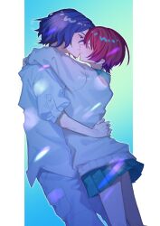  1boy 1girl amate_yuzuriha aqua_background blue_hair blush ch1wa_l0ve closed_eyes cowboy_shot gradient_background gundam gundam_gquuuuuux hetero highres hug kiss long_sleeves necktie red_eyes red_hair school_uniform shirt short_hair shuji_ito skirt white_shirt 