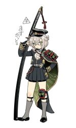  1girl armor bike_shorts bike_shorts_under_skirt black_hat black_shoes black_skirt blush crossed_bangs full_body genderswap genderswap_(mtf) green_eyes grey_hair grey_socks hair_flaps hand_on_own_hip hat holding holding_sword holding_weapon hotarumaru huge_weapon japanese_armor japanese_clothes kneehighs long_sleeves mmm_ma_pmpm ootachi shoes short_hair shoulder_armor simple_background skirt socks sode solo standing sword touken_ranbu venus_symbol weapon white_background 