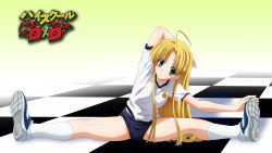 10s 1girl ahoge arm_behind_head arm_up asia_argento blonde_hair blush body_blush buruma checkered_floor copyright_name exercising eyecatch female_focus floor full_body gradient_background green_eyes gym_uniform hands_on_feet head_tilt high_school_dxd highres legs long_hair long_image looking_at_viewer on_floor parted_lips screencap shiny_skin shoes sitting socks solo split spread_legs stretching white_socks wide_image rating:Sensitive score:50 user:spiderfan