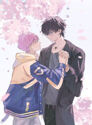  2boys belt black_belt black_jacket black_pants blue_jacket blurry cherry_blossoms closed_mouth collarbone cowboy_shot depth_of_field eye_contact falling_petals flower grey_pants grey_shirt hair_between_eyes height_difference highres holding_hands hood hood_down hoodie house_sando interlocked_fingers jacket jewelry li_tianchen liu_xiao long_sleeves looking_at_another male_focus multicolored_jacket multiple_boys neck_tattoo necklace open_clothes open_jacket pants petals pink_hair profile purple_eyes purple_hair red_eyes shiguang_dailiren shirt short_hair smile standing tattoo tree white_background yaoi yellow_hoodie yellow_jacket 