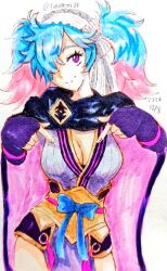  blue_hair bow breasts cleavage coif fire_emblem fire_emblem_fates fuburon84 hair_over_one_eye large_breasts multicolored_hair ninja nintendo official_alternate_costume peri_(fire_emblem) pink_hair pointing_at_breasts red_eyes shozoku twintails two-tone_hair 