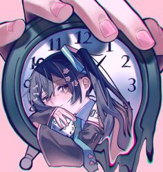  1girl alarm_clock alternate_hair_color black_hair black_sleeves blue_necktie bow clock detached_sleeves flower hair_bow hair_flower hair_ornament half-closed_eyes hatsune_miku highres holding_clock image_warping kyu-kurarin_(cevio) long_hair necktie nikuta pink_background pink_eyes shoulder_tattoo solo tattoo tearing_up tie_clip twintails very_long_hair vocaloid 