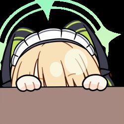  1girl animal_ear_headphones animal_ears animated animated_gif blonde_hair blue_archive blunt_bangs blush_stickers cat_ear_headphones cat_ears chibi chunye_haruya commission d: desk dot_nose fake_animal_ears green_eyes green_halo halo headphones looking_at_viewer lowres maid_headdress midori_(blue_archive) midori_(maid)_(blue_archive) missing_commentary official_alternate_costume open_mouth opening_eyes peeking_out second-party_source sidelocks simple_background solo transparent_background white_headdress 