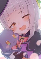  1girl absurdres black_hat blush brown_gloves capelet gloves grey_hair grey_shirt hat highres hololive hug long_hair looking_at_viewer murasaki_shion murasaki_shion_(1st_costume) open_mouth purple_capelet quupomg shiokko_(murasaki_shion) shirt short_eyebrows sidelocks smile solo tears vertical-striped_sleeves very_long_hair virtual_youtuber witch_hat yellow_eyes 