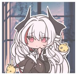  &gt;_&lt; 1girl :o admiral_zenker_(azur_lane) admiral_zenker_(fun_with...interrogations?)_(azur_lane) ai-assisted ai-generated_background artist_name azur_lane baby_animal bird black_jacket black_pantyhose black_shoes black_skirt breasts character_name chibi chibi_only chick cleavage cloud cloudy_sky collared_shirt commentary evening full_body futaba_(anti_clockwise) grey_hair hair_intakes highres indoors jacket large_breasts long_hair long_sleeves looking_at_viewer manjuu_(azur_lane) multicolored_hair office_lady official_alternate_costume orange_eyes pantyhose parted_lips pencil_skirt plant red_hair red_streaks shirt shoes sitting skirt sky solo streaked_hair symbol-only_commentary thighs torn_clothes torn_pantyhose very_long_hair white_background white_hair white_shirt window wrist_cuffs 