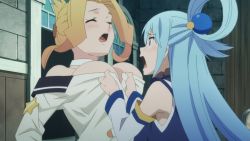 10s 2girls animated animated_gif aqua_(konosuba) blonde_hair blue_eyes blue_hair blue_shirt bouncing_breasts bow bowtie breasts breasts_apart closed_eyes female_focus hair_ornament hair_up hairclip kono_subarashii_sekai_ni_shukufuku_wo! large_breasts long_hair luna_(konosuba) multiple_girls no_bra open_clothes open_mouth open_shirt shirt short_hair talking white_shirt rating:Questionable score:78 user:lkuroi