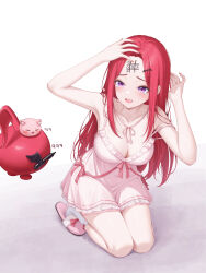  1girl absurdres blush breasts camisole charon_universe cleavage collarbone dated fang fingernails forehead forehead_writing hair_ornament highres karin_(charon_universe) kneeling korean_commentary large_breasts long_hair mascot myomomoo nail_polish open_mouth pink_camisole pink_hair pink_nails pink_ribbon pink_slippers purple_eyes ribbon slippers socks tearing_up tears teeth thighs tic-tac-toe upper_teeth_only virtual_youtuber white_background white_socks wing_hair_ornament 