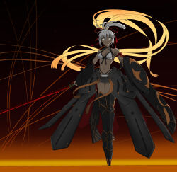  1girl absurdres armor armored_boots armored_skirt bare_shoulders bikini boots breasts code-96 dark_skin detached_sleeves fate/grand_order fate_(series) glowing glowing_hair greaves grey_eyes hair_ornament highres holding holding_shield holding_sword holding_weapon katana large_breasts long_hair looking_at_viewer multi-strapped_bikini_top okita_souji_(fate) okita_souji_alter_(fate) okita_souji_alter_(swimsuit_saber)_(fate) okita_souji_alter_(swimsuit_saber)_(third_ascension)_(fate) ponytail ponytail_day red_ribbon ribbon saberface scrape shield solo straddling swimsuit sword tan tassel tassel_hair_ornament thigh_straddling very_long_hair weapon white_bikini white_hair 