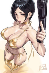  1girl absurdres ada_wong alternate_costume armpit_crease bare_shoulders bikini black_hair breasts cleavage collarbone earrings from_above full_body gold_bikini gold_choker gold_thighhighs gun hair_behind_ear halterneck handgun highres holding holding_gun holding_weapon jewelry juaag_acgy large_breasts looking_at_viewer navel no_shoes open_mouth pink_lips resident_evil resident_evil_4 resident_evil_4_(remake) short_hair side-tie_bikini_bottom signature single_earring solo standing stomach sweat swimsuit thighhighs weapon 