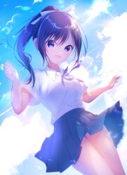  1girl :d absurdres aonatsu_line backlighting black_hair black_skirt blue_eyes blue_ribbon blue_sky blush breasts clothes_lift cloud collared_shirt commentary commission cowboy_shot day dress_shirt dutch_angle eyes_visible_through_hair floating_hair fuwa_mochiri gluteal_fold hair_between_eyes hair_ornament hair_ribbon hairclip hands_up happy highres kousaka_miki long_hair looking_at_viewer medium_breasts miniskirt neck_ribbon open_mouth outdoors parallel_hairclips pleated_skirt ponytail ribbon shirt short_sleeves sidelocks skeb_commission skirt skirt_lift sky smile solo sunlight thigh_gap w_arms white_ribbon white_shirt wind wind_lift 