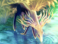 animal_focus artist_name blue_eyes blue_gemstone blurry blurry_background bush day drinking full_body gem gen_6_pokemon highres leaning_forward legendary_pokemon looking_down nintendo no_humans outdoors pokemon pokemon_(creature) purple_gemstone red_gemstone red_pupils ripples river solo standing standing_on_liquid water watermark xerneas yellow_gemstone yuhata_(yuh4t4)