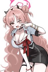  1girl absurdres black_choker black_skirt blue_archive bracelet breasts choker cleavage collarbone commentary_request demon_horns double_bun fake_horns fang gyaru hair_bun halo highres horns jewelry kirara_(blue_archive) large_breasts long_hair loose_neck_ribbon multiple_bracelets neck_ribbon nez_(nez_0_0) one_eye_closed open_mouth pencil_skirt pink_eyes pink_hair pink_halo pink_nails red_ribbon ribbon shirt simple_background skin_fang skirt thigh_strap v very_long_hair white_background white_shirt 