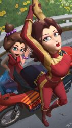  1girl bare_shoulders blue_eyes bodysuit breasts brown_hair donkey_kong_(series) donkey_kong_bananza freckles grass large_breasts lips long_hair looking_at_viewer mario_(series) mario_kart mario_kart_world motor_vehicle motorcycle nintendo pants pauline_(mario) pauline_(young)_(mario) ponytail sleeveless snagback stretching time_paradox 