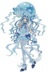  blue_eyes blue_hair bow commentary dress hatsune_miku high_heels highres holding holding_umbrella jellyfish lolita_fashion long_hair looking_at_viewer musical_note standing standing_on_one_leg thighhighs umbrella usagimarumei vocaloid 
