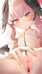  1girl absurdres black_wings blue_archive censored clitoris closed_mouth completely_nude feathered_wings flasher_(flasher_ura) flat_chest from_below halo head_wings highres huge_filesize hymen koharu_(blue_archive) loli long_hair looking_at_viewer mosaic_censoring navel nipples nude pink_eyes pink_hair pink_halo pussy solo spread_pussy spreading_own_pussy twintails urethra virgin wings 