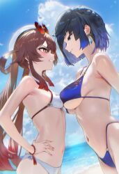  2girls angry armpit_crease armpits beach bikini blue_bikini blue_hair blue_sky blush bracelet breast_press breasts brown_hair cloud cloudy_sky earrings eyewear_on_head fingernails genshin_impact green_eyes hand_on_own_hip hat highres hu_tao_(genshin_impact) jewelry large_breasts long_hair looking_at_another multicolored_eyes multicolored_hair multiple_girls nail_polish ocean red_eyes red_hair red_nails round_eyewear sand short_hair shuraillusts sky small_breasts smug stomach sweat swimsuit symmetrical_docking teeth white_bikini yelan_(genshin_impact) 