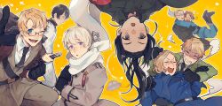  6+boys ahoge america_(hetalia) anger_vein angry armband axis_powers_hetalia belt black-framed_eyewear black_belt black_boots black_gloves black_hair black_necktie blonde_hair blue_capelet blue_eyes blue_jacket blue_pants blush boots breast_pocket brown_eyes brown_jacket brown_pants buttons capelet china_(hetalia) clenched_hand closed_eyes closed_mouth clothes_grab coat collared_coat collared_jacket collared_shirt commentary_request cowboy_shot crying everyone fangs fighting floating_clothes france_(hetalia) fur-trimmed_jacket fur_trim germany_(hetalia) glasses gloves grabbing_another&#039;s_hair green_jacket green_pants green_shirt grey_coat hands_up happy highres holding holding_another&#039;s_hair holding_lead_pipe holding_sword holding_weapon hug jacket japan_(hetalia) jumping katana lead_pipe long_hair long_sleeves looking_at_another looking_at_viewer looking_down low_ponytail male_focus medal military_jacket military_uniform multiple_boys necktie northern_italy_(hetalia) one_eye_closed open_clothes open_jacket open_mouth pants pocket ponytail purple_eyes red_armband russia_(hetalia) scarf semi-rimless_eyewear senpuuki_(lince0713) shaded_face shirt short_hair sidelocks simple_background smile standing star_(symbol) star_ornament star_print sweatdrop sword teeth ufo united_kingdom_(hetalia) upper_body v-shaped_eyebrows wavy_hair weapon white_hair white_jacket white_pants white_scarf white_shirt yellow_background 