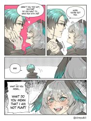  1boy 1girl arknights black_hair blush comic commentary doctor_(arknights) english_commentary english_text fingerless_gloves glasses gloves green_eyes green_hair grey_gloves grey_hair hand_on_another&#039;s_face highres ho&#039;olheyak_(arknights) looking_at_another male_doctor_(arknights) multicolored_hair open_mouth speech_bubble trembling twitter_username two-tone_hair yukii  rating:General score:9 user:danbooru