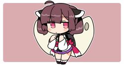  1girl ahoge backpack bag black_sandals blush border brown_background brown_hair chibi chibi_only closed_mouth full_body hands_up headgear ini_(inunabe00) japanese_clothes kimono long_sleeves looking_at_viewer miniskirt obi okobo outline outside_border platform_sandals pleated_skirt purple_skirt red_eyes red_sash sandals sash short_hair simple_background skirt socks solo standing tabi touhoku_kiritan voiceroid white_border white_kimono white_outline white_socks 