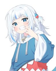  1girl absurdres animal_costume blue_eyes blue_hoodie blue_streaks blunt_bangs blush clenched_teeth drooling finger_in_own_mouth fins fish_tail gawr_gura gawr_gura_(1st_costume) hair_ornament highres hololive hololive_english hood hoodie long_hair looking_at_viewer mouth_drool multicolored_hair open_mouth shark_costume shark_girl shark_hair_ornament shark_print shark_tail sharp_teeth sidelocks solo streaked_hair tail teeth two_side_up ugaaaa1 virtual_youtuber 