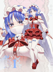  1girl absurdres adapted_costume angel_wings blue_eyes blue_hair blue_nails bow bow_legwear bowtie breasts center_frills character_name commentary_request covered_mouth feathered_wings frills full_body grey_eyes guumin high-waist_skirt highres large_breasts long_sleeves looking_at_viewer mai_(touhou) maid_headdress medium_hair nail_polish off-shoulder_shirt off_shoulder red_bow red_bowtie red_shoes red_skirt shirt shoes skindentation skirt standing thighhighs touhou touhou_(pc-98) white_mask white_shirt white_thighhighs white_wings wings zoom_layer 