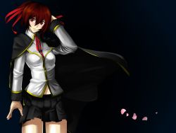  0912015_(pixiv1642816) 1girl adjusting_hair arc_system_works blazblue cape celica_a._mercury female_focus long_hair miniskirt red_eyes red_hair red_ribbon ribbon skirt solo 