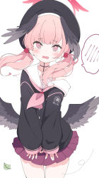  1girl absurdres beret black_wings blue_archive blush collarbone commentary cowboy_shot feathered_wings halo hat head_wings highres koharu_(blue_archive) leaf long_hair long_sleeves looking_at_viewer low_wings memoi neckerchief off_shoulder open_mouth pink_eyes pink_hair pink_halo pink_neckerchief pleated_skirt red_halo sailor_collar shirt simple_background skirt skirt_tug solo spoken_blush sweatdrop twintails white_background white_sailor_collar wind winged_halo winged_hat wings 