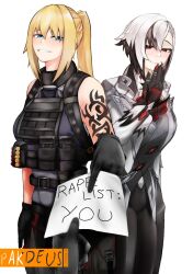  2girls arlecchino_(genshin_impact) artist_name black_gloves black_hair blonde_hair blue_eyes character_request copyright_request cowboy_shot genshin_impact gloves hand_to_own_mouth highres load_bearing_vest meme multiple_girls note notejak_(meme) pakdeus pov pov_hands red_eyes shotgun_shell shoulder_tattoo tattoo white_background white_hair you_gonna_get_raped 