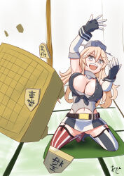  1girl akashieru asymmetrical_legwear blonde_hair blue_eyes board_game breasts commentary_request cushion fingerless_gloves front-tie_top garter_straps gloves highres iowa_(kancolle) kantai_collection large_breasts miniskirt mismatched_legwear ragequit shogi shogi_piece skirt solo star-shaped_pupils star_(symbol) striped_clothes striped_skirt striped_thighhighs symbol-shaped_pupils table_flip thighhighs vertical-striped_clothes vertical-striped_skirt vertical-striped_thighhighs zabuton 