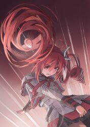  1girl absurdres ahoge arm_behind_back belt black_skirt bow brown_belt buttons clenched_teeth double-breasted drill_hair farrelarda64085 grey_jacket grey_skirt hair_between_eyes hair_bow hair_ribbon head_down highres jacket kasane_teto kasane_teto_(sv) layered_sleeves long_hair long_sleeves looking_at_viewer musical_staff musical_staff_print red_hair red_skirt red_trim ribbon skirt skirt_set solo striped_clothes striped_jacket striped_skirt synthesizer_v teeth twin_drills utau white_bow white_ribbon 