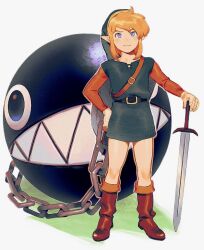  1boy bare_legs blonde_hair blue_eyes boots bow_wow_(zelda) chain commentary green_tunic link male_focus nintendo pointy_ears simple_background standing sword symbol-only_commentary the_legend_of_zelda the_legend_of_zelda:_link&#039;s_awakening tunic weapon yone_f15 