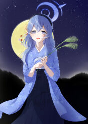  1girl :d absurdres ako_(blue_archive) alternate_costume black_hairband blue_archive blue_eyes blue_hair blue_hakama blue_halo blue_kimono blush commentary eyelashes feet_out_of_frame floral_print floral_print_kimono full_moon hair_between_eyes hair_ornament hairband hakama halo hands_up highres holding japanese_clothes kanzashi kimagurain kimono long_hair long_sleeves moon night night_sky open_mouth outdoors print_kimono sidelighting signature sky smile solo standing star_(sky) starry_sky tsukimi wide_sleeves 