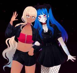  2girls alternate_costume amemiya_darumi bandaged_wrist bandages belt black_background black_belt black_bow black_hair black_jacket black_nails black_shorts black_skirt blonde_hair blue_hair bow brown_eyes collar dark-skinned_female dark_skin ear_piercing face_piercing fishnets hand_on_another&#039;s_arm hands_up heads_together heart highres jacket kawana_tsubasa lip_piercing looking_at_viewer multicolored_hair multiple_girls piercing pink_eyes pink_nails pleated_skirt ponytail red_collar safety_pin shorts skirt the_hundred_line_-last_defense_academy- twintails yuri zipper 