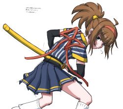  1girl blue_skirt brown_hair detached_sleeves female_focus hairband hgus5855 highres holding holding_sword holding_weapon imadake_dabuchi_tabemi japanese_clothes japanese_text kimono leaning_forward licking_lips looking_at_viewer mcdonald&#039;s pleated_skirt ponytail red_hairband red_ribbon ribbon samurai_tamago_tabemi sheath sheathed sidelocks simple_background skirt smile socks solo striped_clothes striped_kimono sword tongue tongue_out translation_request weapon white_background white_socks 
