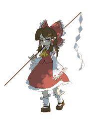  1girl ascot ay606078 bow brown_eyes brown_hair commentary detached_sleeves frilled_bow frilled_hair_tubes frilled_skirt frills full_body gohei hair_bow hair_tubes hakurei_reimu highres holding holding_gohei long_hair looking_at_viewer red_bow red_skirt ribbon-trimmed_sleeves ribbon_trim shoes simple_background skirt skirt_set socks solo touhou white_background white_socks yellow_ascot 