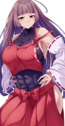  1girl abs absurdres ahoge bare_shoulders black_hair breasts commentary_request commission covered_abs cowboy_shot detached_sleeves hakama hakama_pants hands_on_own_hips highleg highleg_leotard highres hip_vent huge_ahoge japanese_clothes large_breasts leotard long_hair m.u.g.e.n mirufi_(milfiiiiyu) muscular muscular_female nontraditional_miko pants pixiv_commission red_hakama ribbon-trimmed_sleeves ribbon_trim sendai_hakurei_no_miko sideboob skindentation solo touhou very_long_hair white_background wide_sleeves 