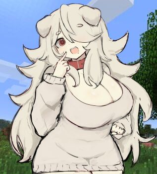 1girl animal_ears breasts cleavage collar covered_navel cowboy_shot curvy feminization furry furry_female hair_over_one_eye heart heart-shaped_pupils highres huge_breasts long_hair long_sleeves m3link messy_hair minecraft off-shoulder_sweater off_shoulder open_mouth personification pointing pointing_at_self red_collar red_eyes sleeves_past_wrists solo sweater symbol-shaped_pupils thick_thighs thighs white_hair white_sweater wide_hips wolf_(minecraft) wolf_ears