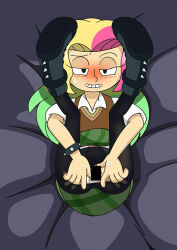  1girl amphibia bed black_eyes blonde_hair blush boots censored clothing_aside collared_shirt ctfbm green_hair green_skirt half-closed_eyes legs_up long_hair looking_at_viewer molly_jo multicolored_hair panties panties_aside pantyhose pink_hair shirt skirt smile solo sweat sweater_vest teeth torn_clothes torn_pantyhose underwear 