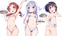  3girls ;d ass bikini blue_eyes blue_hair blush breasts cup drill_hair flat_ass gochuumon_wa_usagi_desu_ka? heart jouga_maya kafuu_chino loli long_hair micro_bikini multiple_girls natsu_megumi navel one_eye_closed open_mouth purple_eyes purple_hair shiina_2265 short_hair small_breasts smile sweatdrop swimsuit tousaki_shiina tray twin_drills twintails yellow_eyes  rating:Questionable score:281 user:danbooru