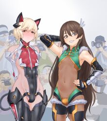  2boys absurdres androgynous animal_ears arms_behind_back baseball_cap black_hair black_leotard blonde_hair blush brown_eyes brown_hair bulge camera cat_boy cat_ears closed_mouth cosplay covered_navel crowd embarrassed fake_animal_ears gauntlets hand_on_own_hip hat highleg highleg_leotard highres holding holding_camera homare_nao homare_nao_(cosplay) leotard long_hair looking_at_another looking_at_viewer mashima_jirou mask mouth_mask multiple_boys nipples revealing_clothes see-through_clothes see-through_legwear short_hair simple_background smile standing taimanin_(series) taimanin_rpgx taimanin_suit teeth thighhighs trap uehara_shikanosuke uehara_shikanosuke_(cosplay) very_long_hair wide_hips  rating:Sensitive score:168 user:danbooru